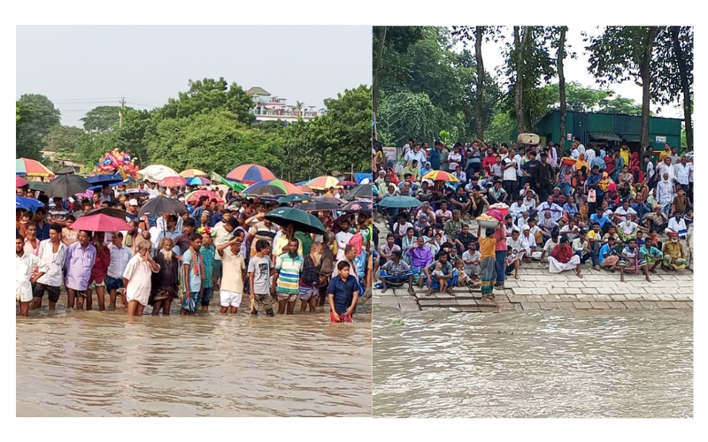 নৌকা বাইচ দেখতে নদীর দুই পাড়ে দর্শনার্থীর ভিড়